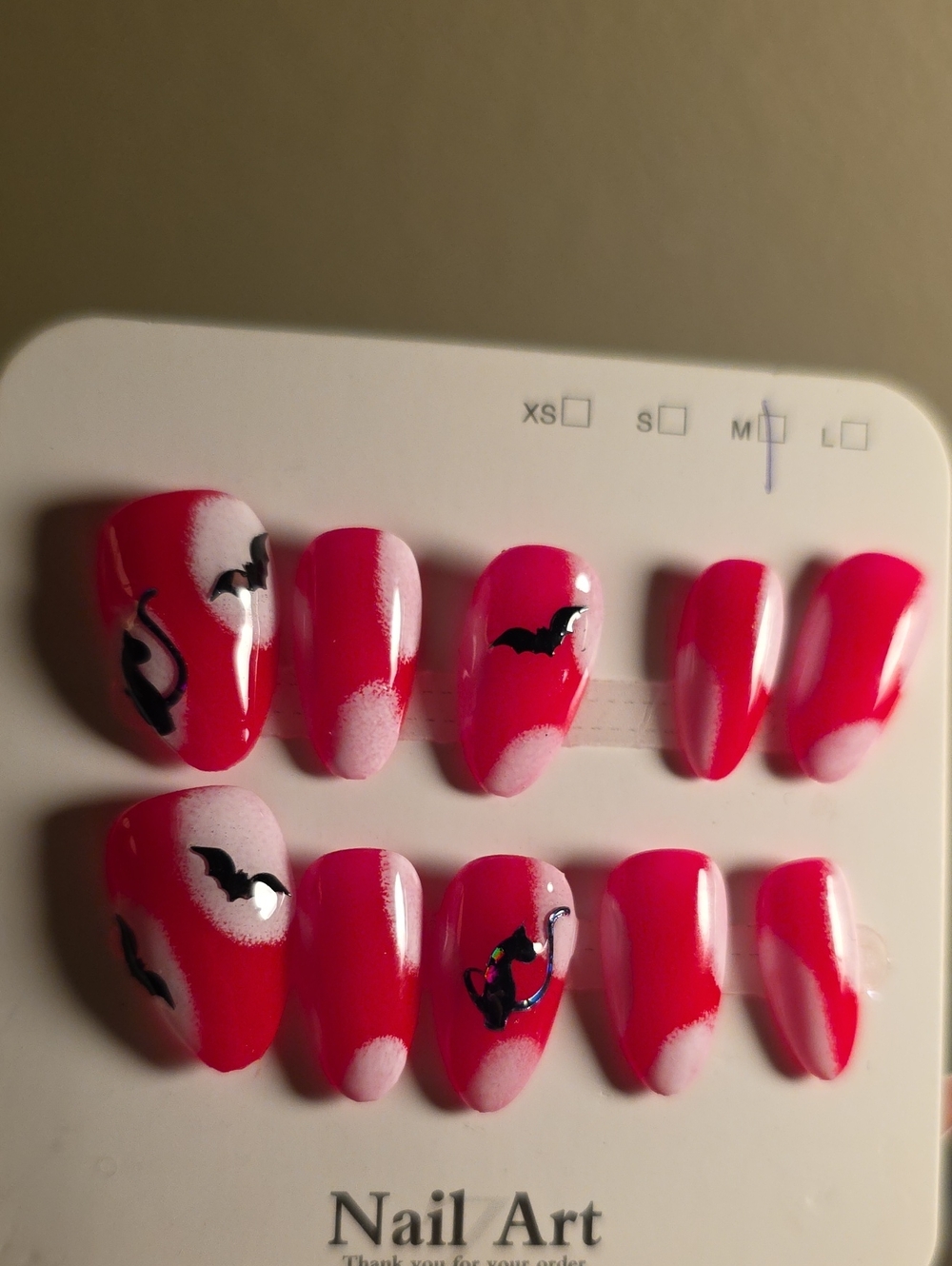 Hot Pink Bat Accent Press-On Nail Set - Nail Art Size Med